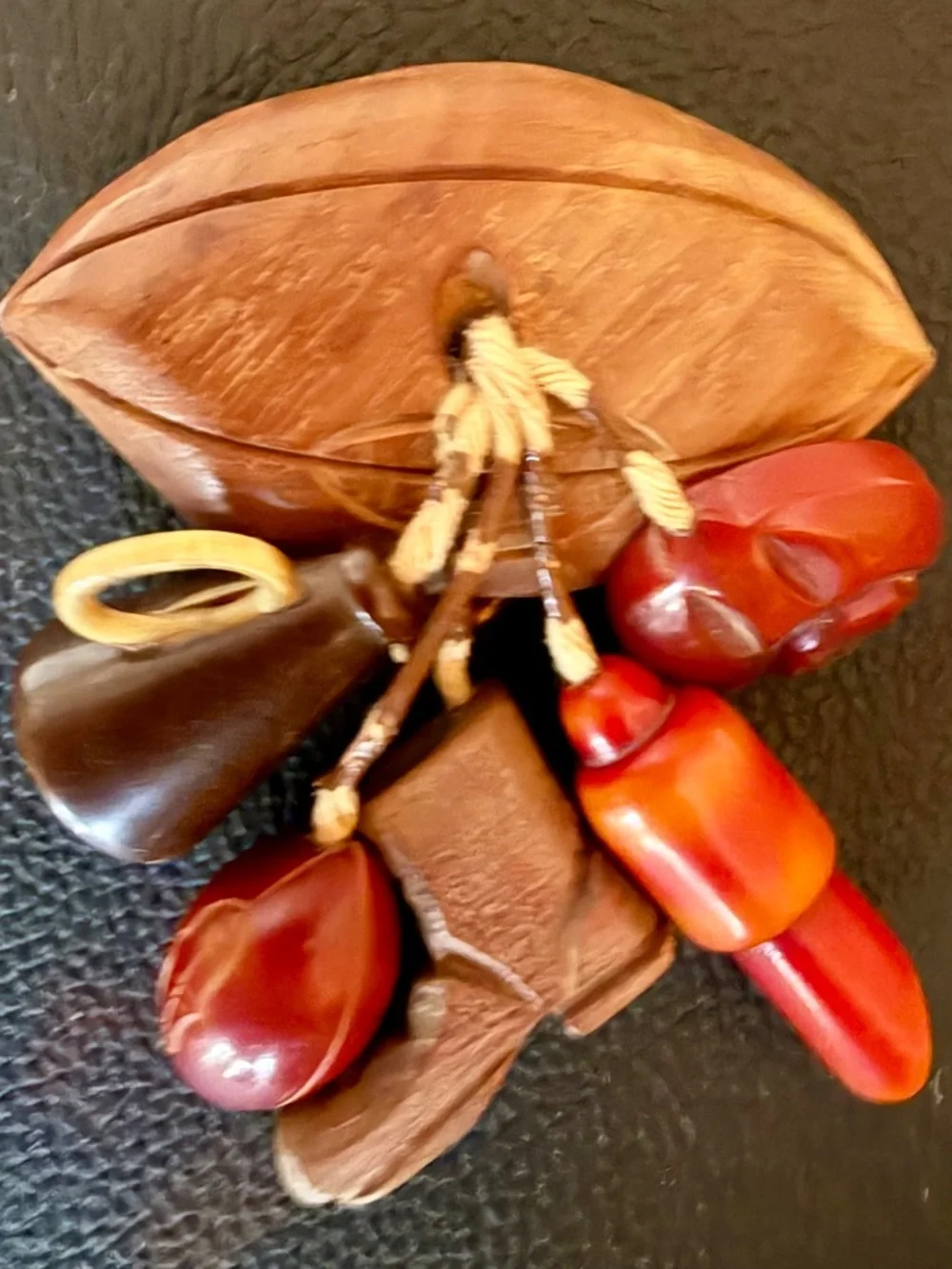 Rare Vintage 1940's Bakelite & Carved Wood Varsity Sports Figural Dangle Brooch